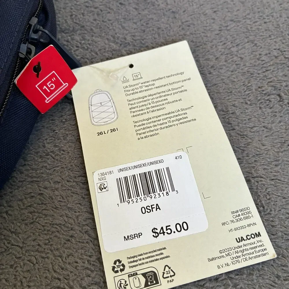Under Armour Hustle Navy Blue Water Resistant Adjustable Toggle Sport Backpack
